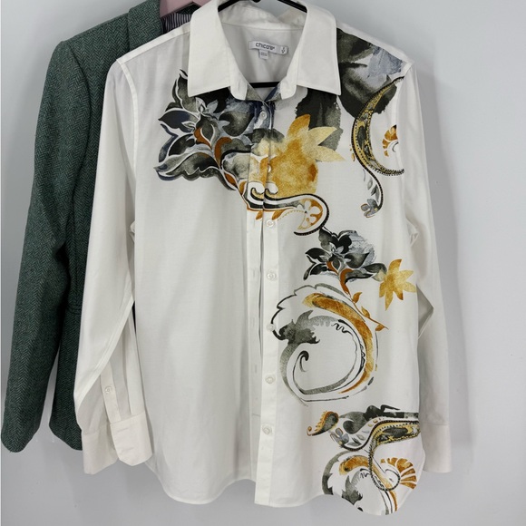M Chico's No Iron™ Placed Floral Shirt with Black and Gold Floral Design 2/M - Picture 1 of 11